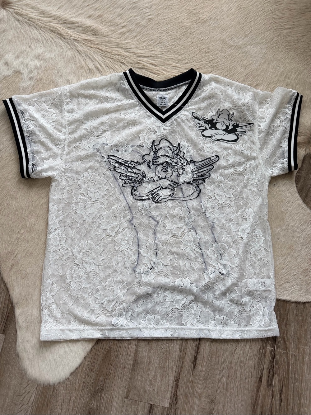 Boys Lie White Lace Short Sleeve V-Neck Tee with Black Trim